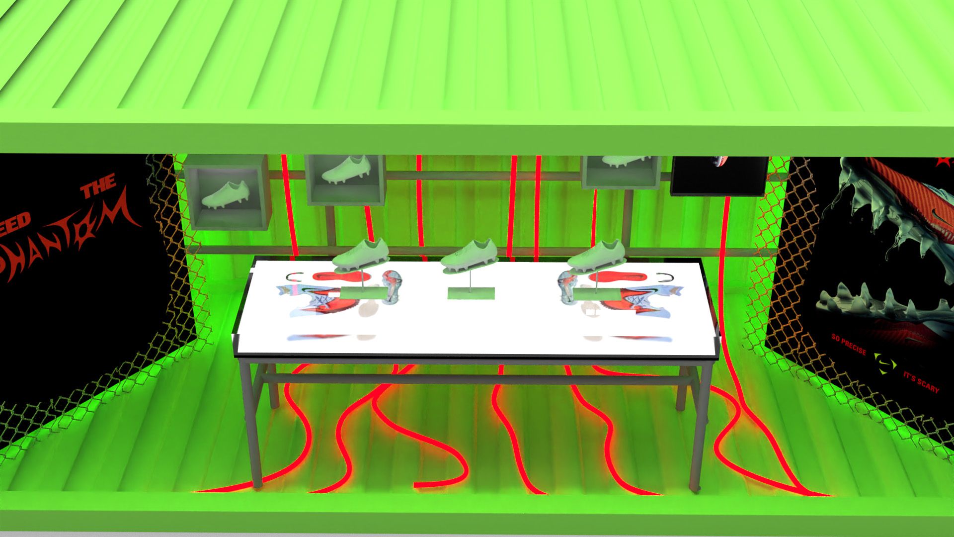 A green neon-lit room displays athletic shoes on a table alongside anatomical models of feet and bones, with shoe-themed artwork and red lighting accents on the floor and walls.