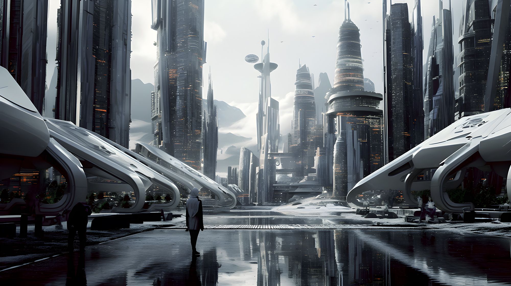 A futuristic city with tall buildings.