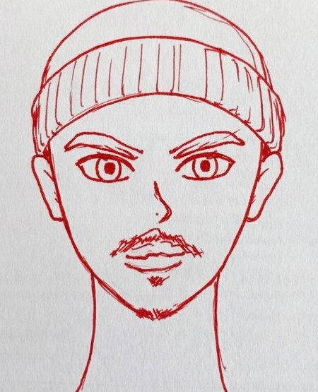 Red line drawing of a person with a beanie, short mustache, and goatee, facing forward with a neutral expression.
