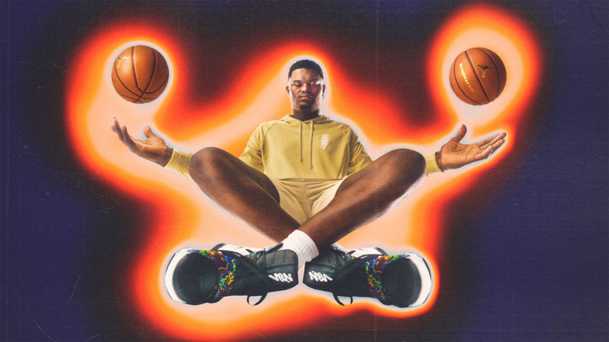 Zion Williamson sitting crosslegged holding to floating basketballs. He is surrounded by an orange and red glow with purple background
