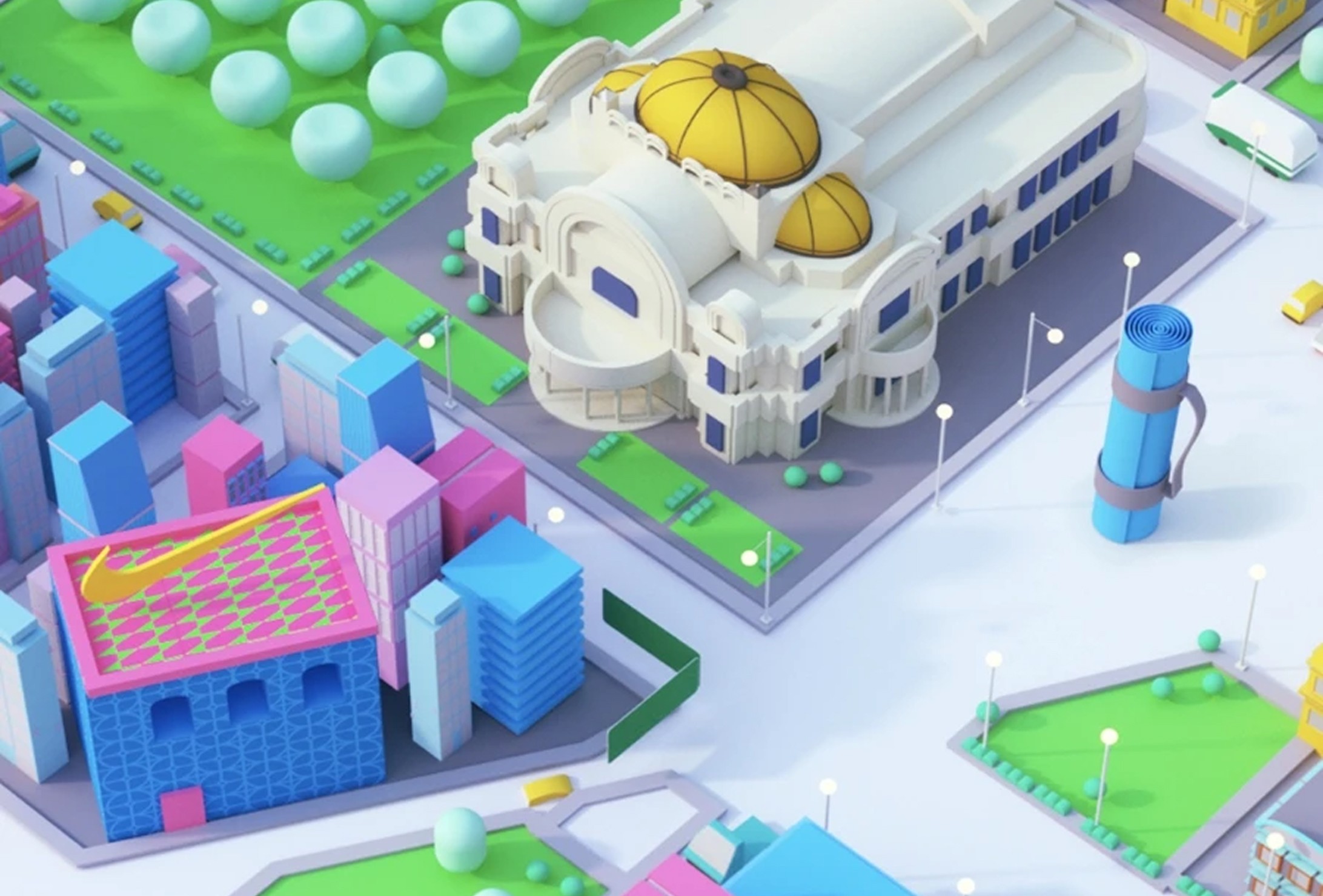 A stylized 3D-rendered cityscape featuring colorful buildings, a domed landmark, green trees, and a blue cylindrical structure.