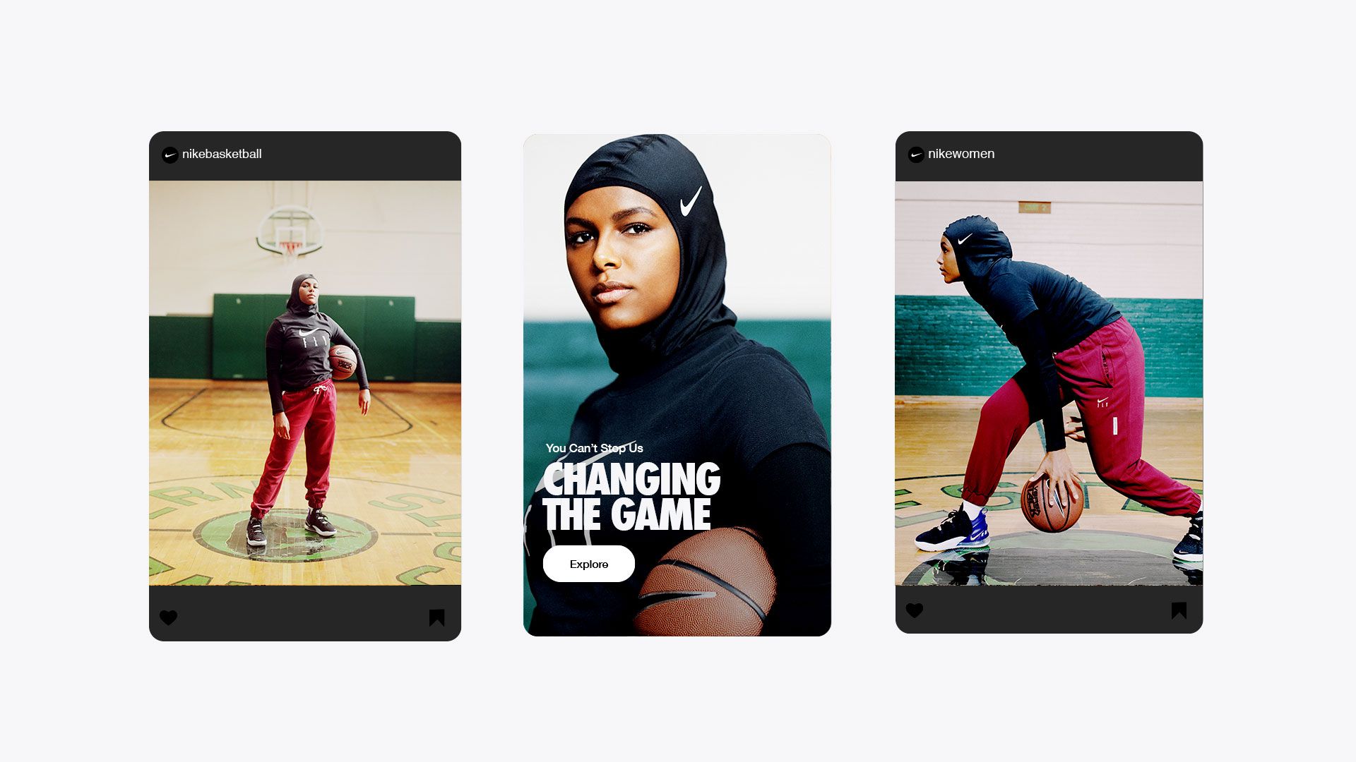 Fitriya Mohamed featured playing basketball in three social media posts from @nikebasketball and @nikewomen. You Can't Stop Us. Changing the Game