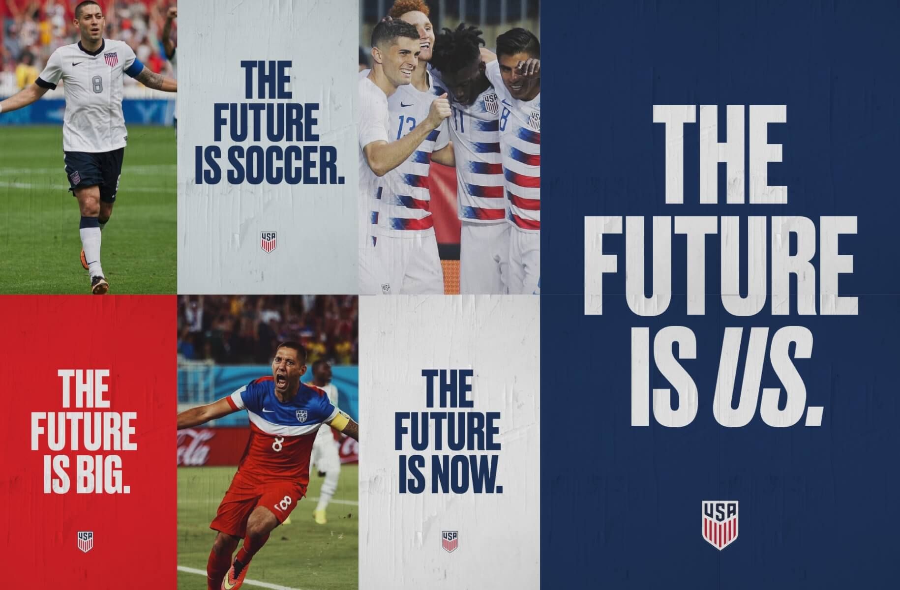 Grid of soccer players and text blocks. The Future is Soccer. The future is big. The future is now. The future is us.