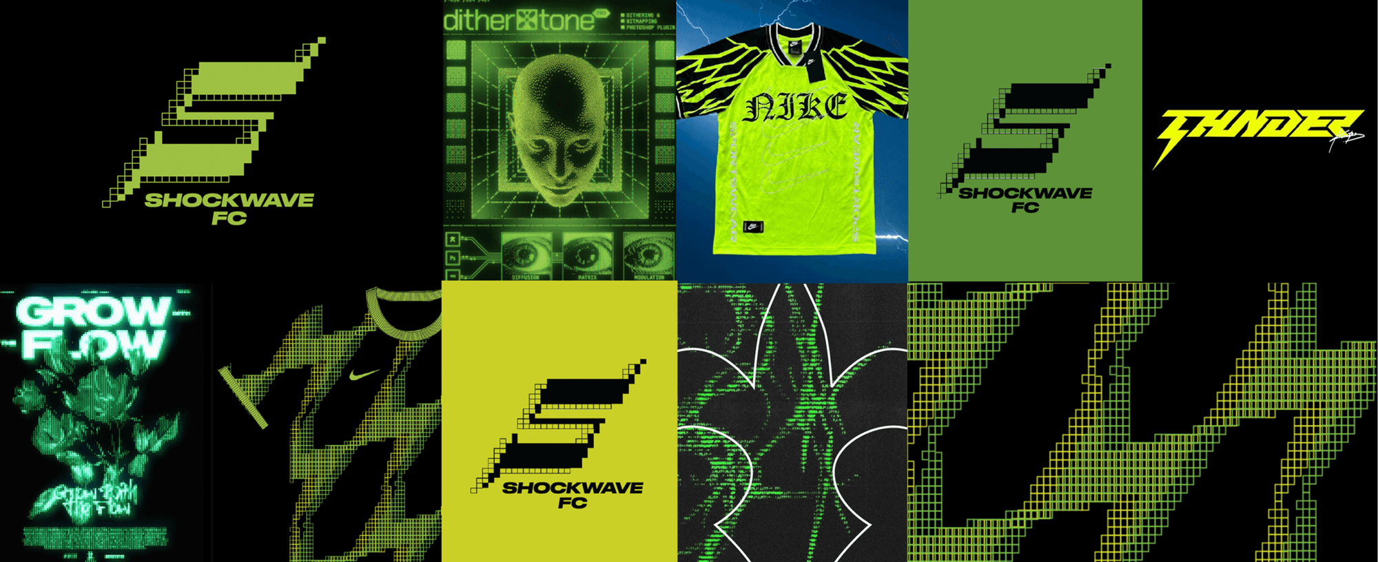 A grid of digital-style soccer graphics, including neon green jerseys, pixelated “Shockwave FC” logos, and futuristic, cyber-inspired designs in green, yellow, and black tones.