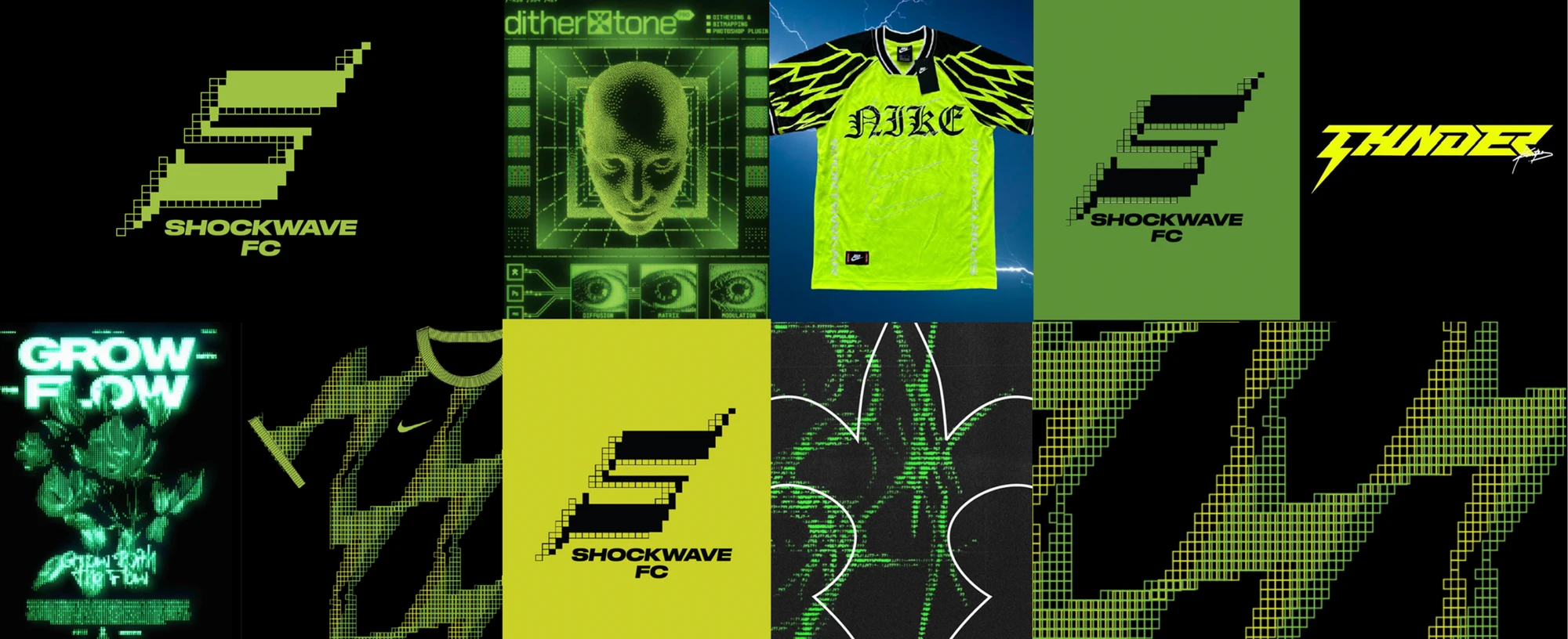 A grid of digital-style soccer graphics, including neon green jerseys, pixelated “Shockwave FC” logos, and futuristic, cyber-inspired designs in green, yellow, and black tones.