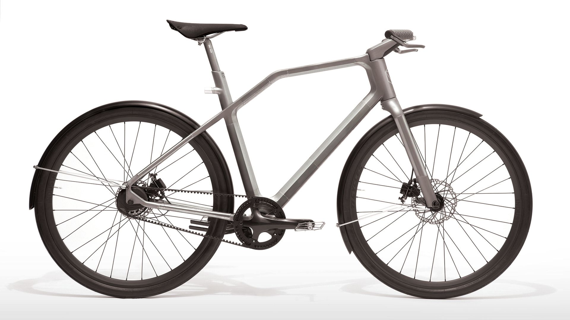 A modern gray bicycle with a minimalist frame design, featuring black tires, thin spokes, and mounted on a white background.