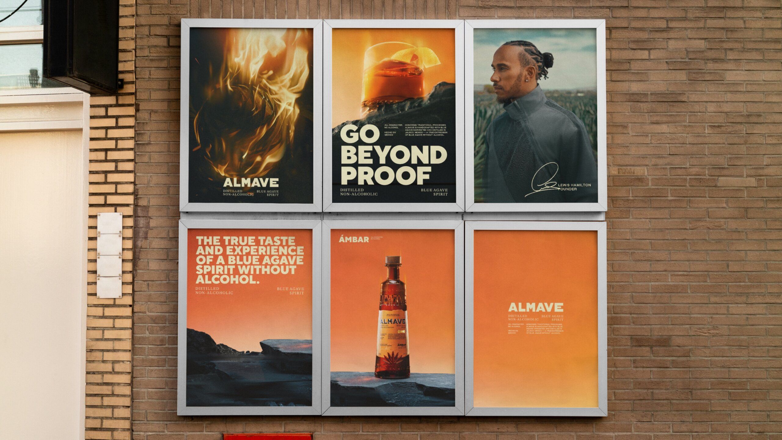 Six Almave Ads framed together on brick wall