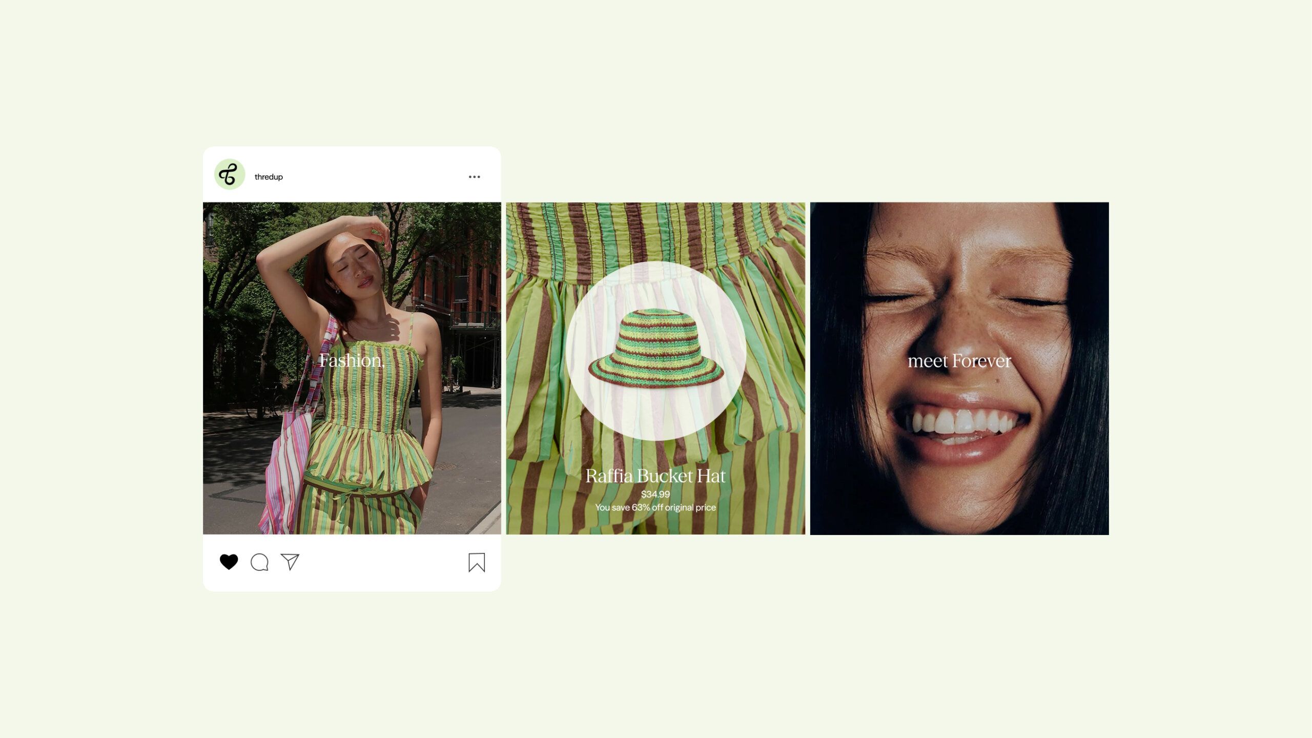 A collage with a woman in a striped outfit, a close-up of a matching striped bucket hat labeled "Raffia Bucket Hat," and a smiling person with the text "meet Freya.