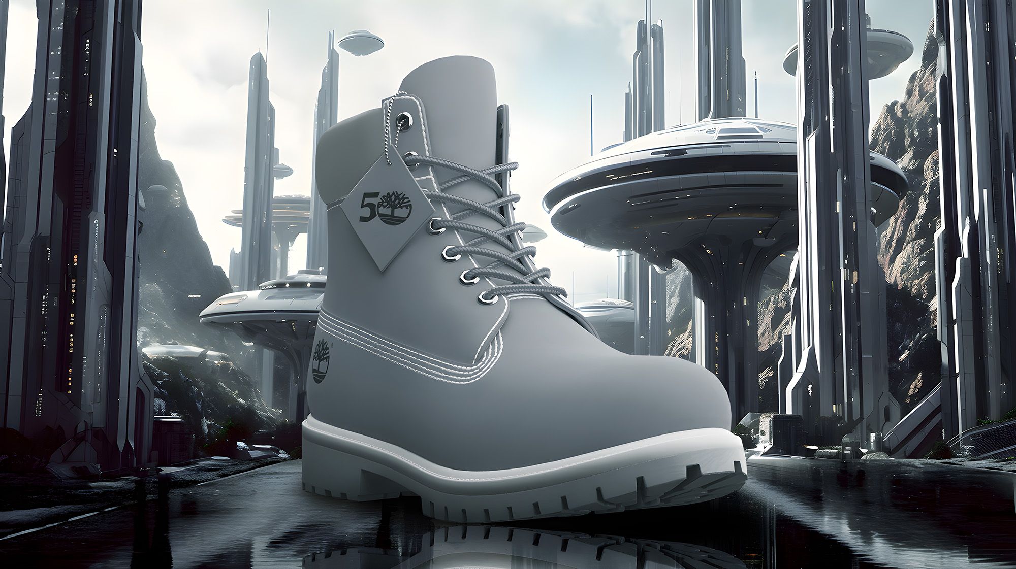 A pair of boots in front of a futuristic city.