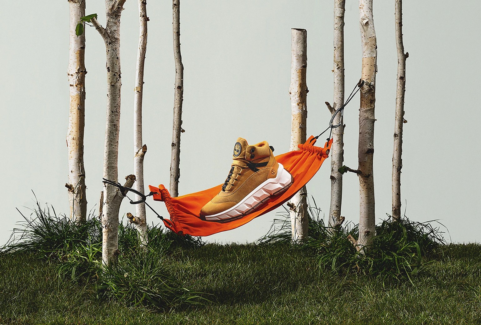 A tan and white high-top sneaker rests on an orange hammock suspended between birch trees over green grass.
