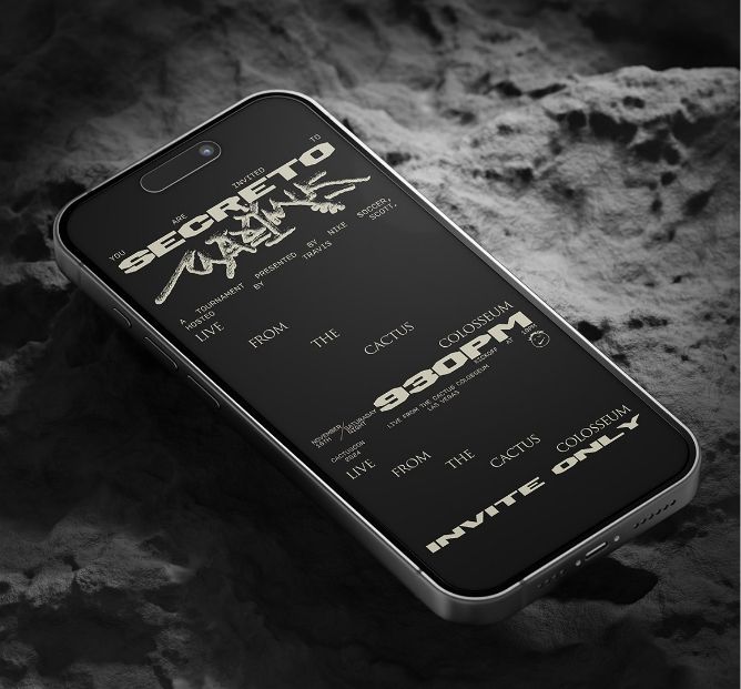 Smartphone on rocky surface displaying a monochrome invite with text: "Secreto" and "Invite Only" for an event at 9:30 PM at "The Cactus Colosseum.