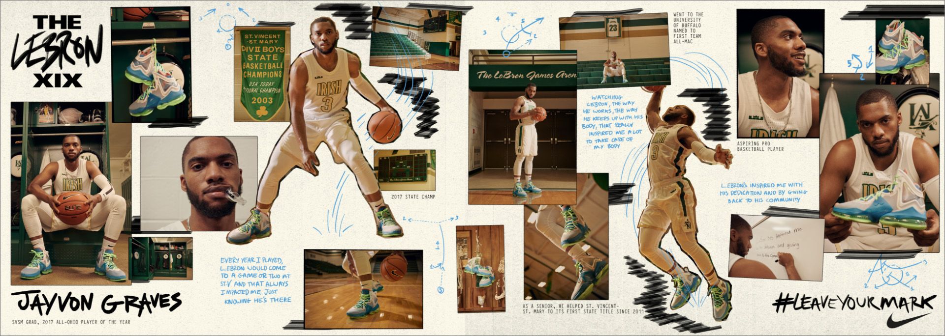 Collage of Javon Graves images and notes around the Lebron XIX shoe and notes on Lebron's impact on him.
