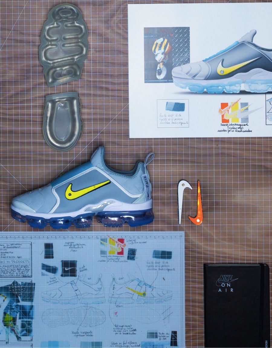 Air Vapormax Plus design sketches and final product on table