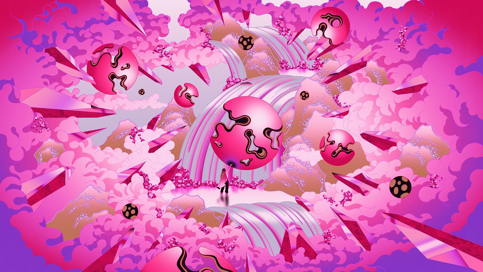 Illustration of Vivacious pink colorway world of clouds, ribbon like contours and pink spheres with spheres with parts hollowed out.