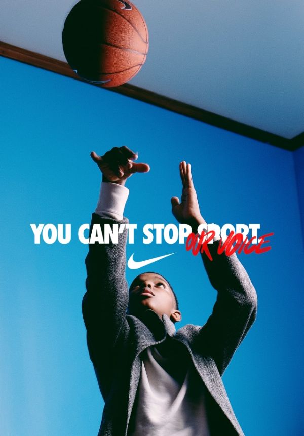 You can't stop sport / our voice. nike swoosh. Jahkil shooting basketball