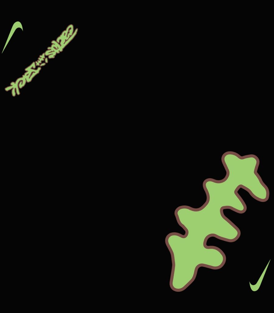 Abstract green shapes outlined in brown and two small green Nike logos are placed against a black background.