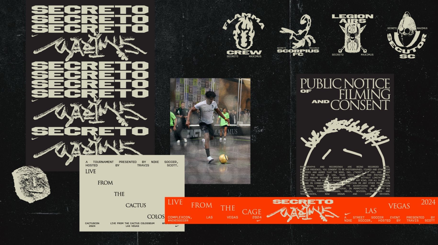 Collage featuring a soccer tournament, various logos, and event details for "Secreto" with a player in action on a court. Event location: Las Vegas, 2024.