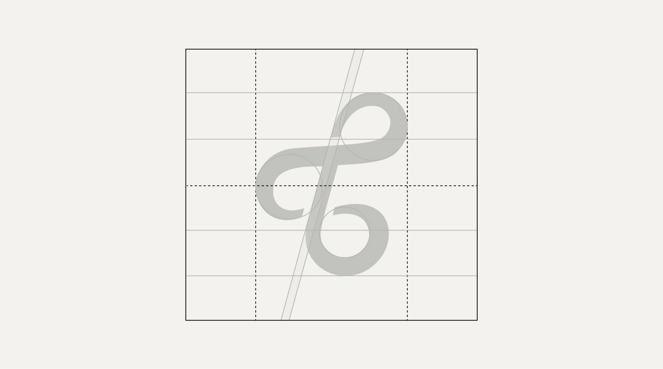 A stylized, looping lowercase "f" is centered on a grid with solid and dotted lines, and a diagonal guideline runs from top right to bottom left.