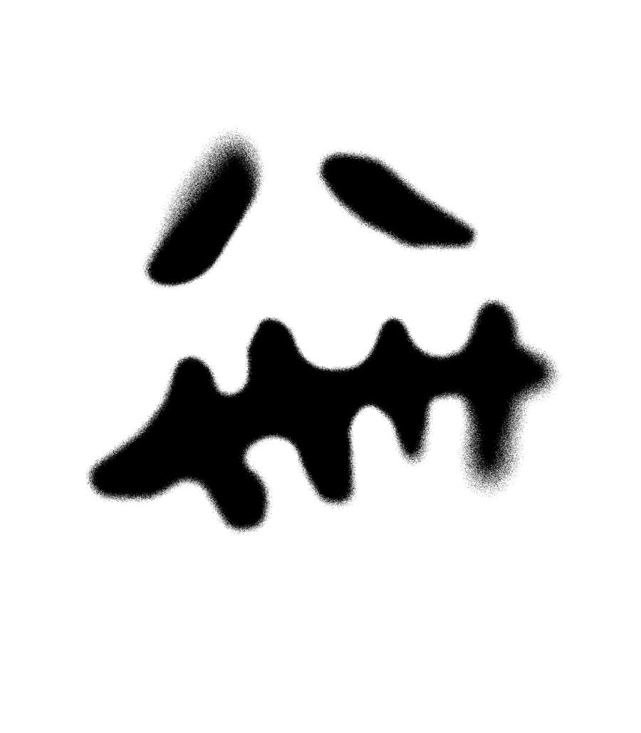 Black spray-painted shapes on a white background resemble abstract, jagged lines and two curved marks positioned above them.