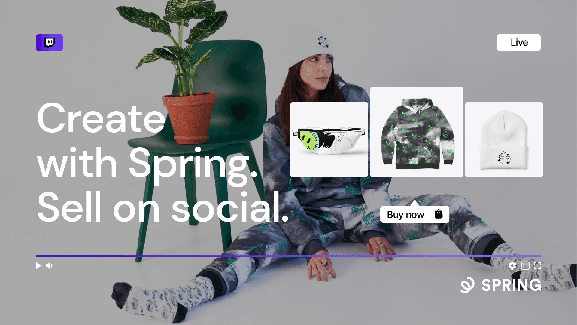 Still of video Create with Spring. Sell on Social. Product upsells showing with buy now link