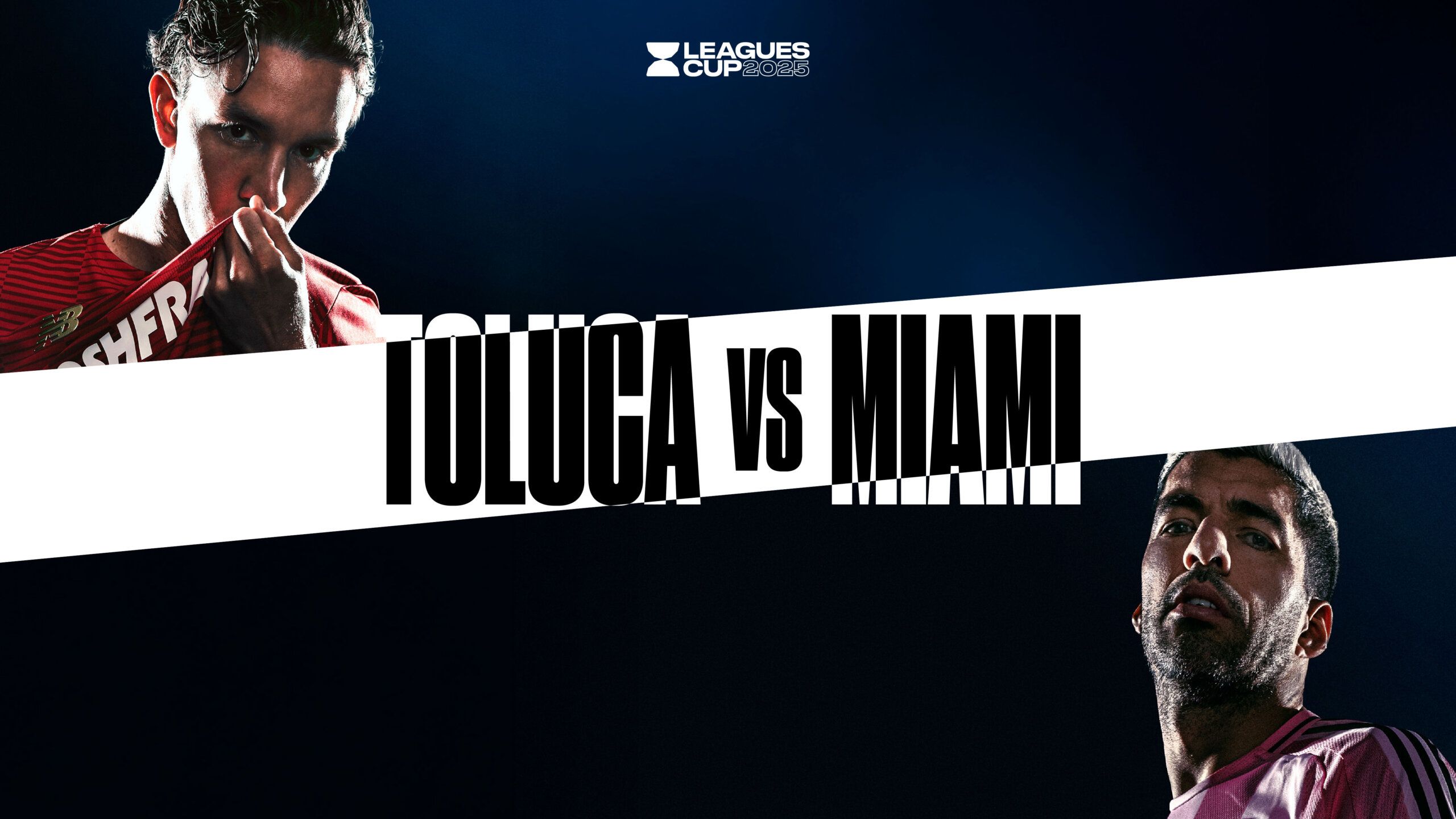 Promotional graphic for Leagues Cup 2023 featuring Toluca vs Miami, with close-up images of two soccer players and the tournament logo at the top.