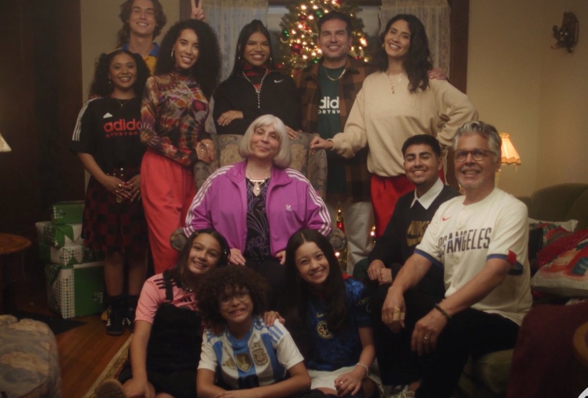 A group of thirteen people of various ages pose and smile in a living room in front of a decorated Christmas tree.