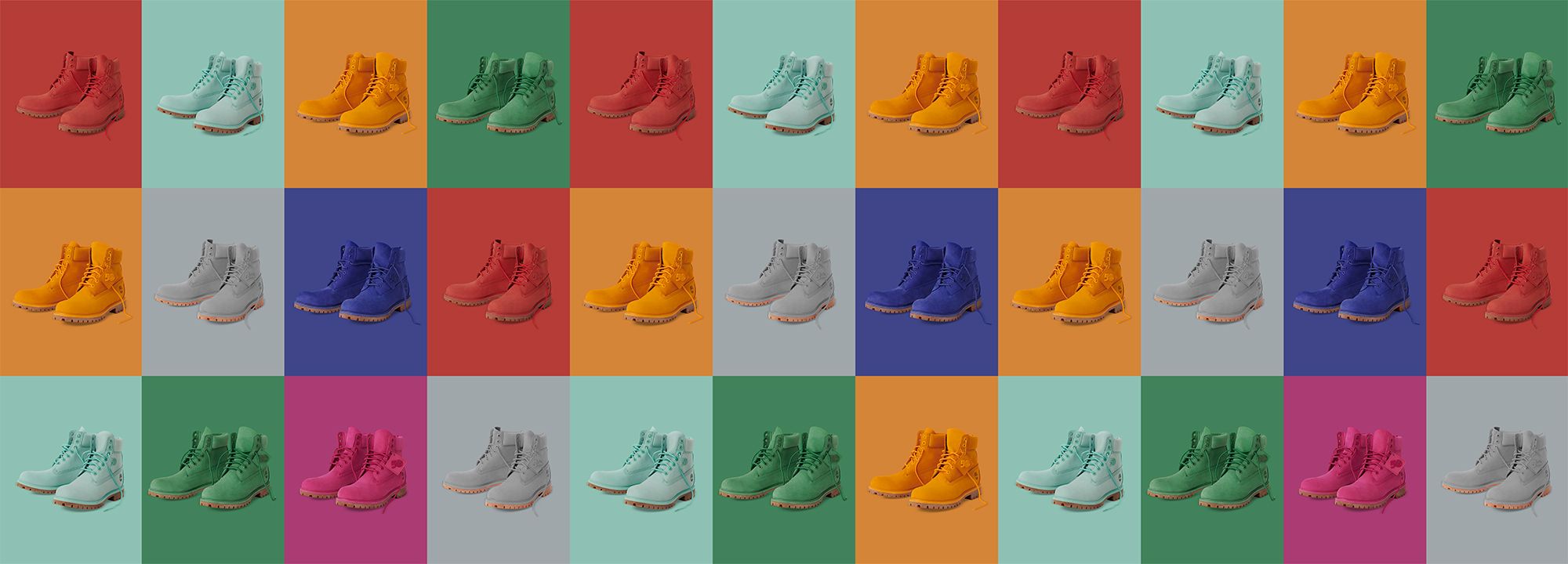 11 by 3 grid showing with each square one of the timberland 50th anniversary colors with corresponding colored boots