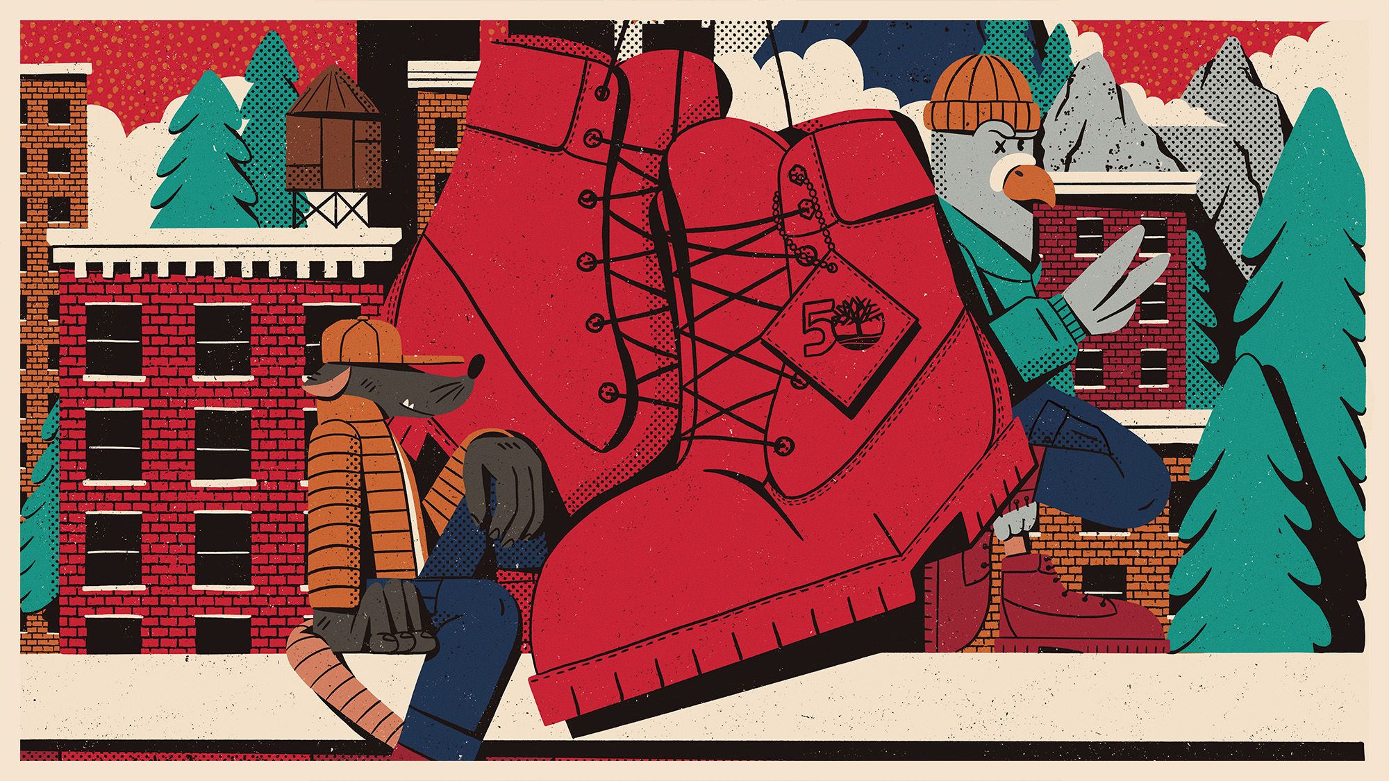 Illustration of Red Timberland boots over brick buildings, evergreen trees, and mountains