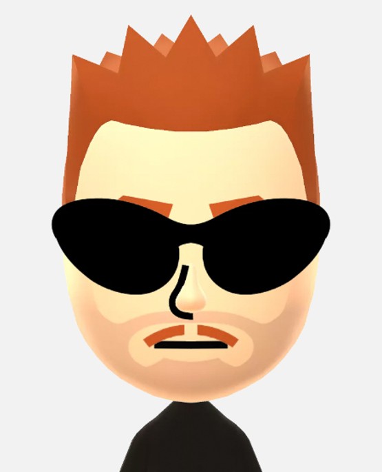 A digital avatar with spiked orange hair, black sunglasses, a beard, and mustache, wearing a black shirt on a plain light background.