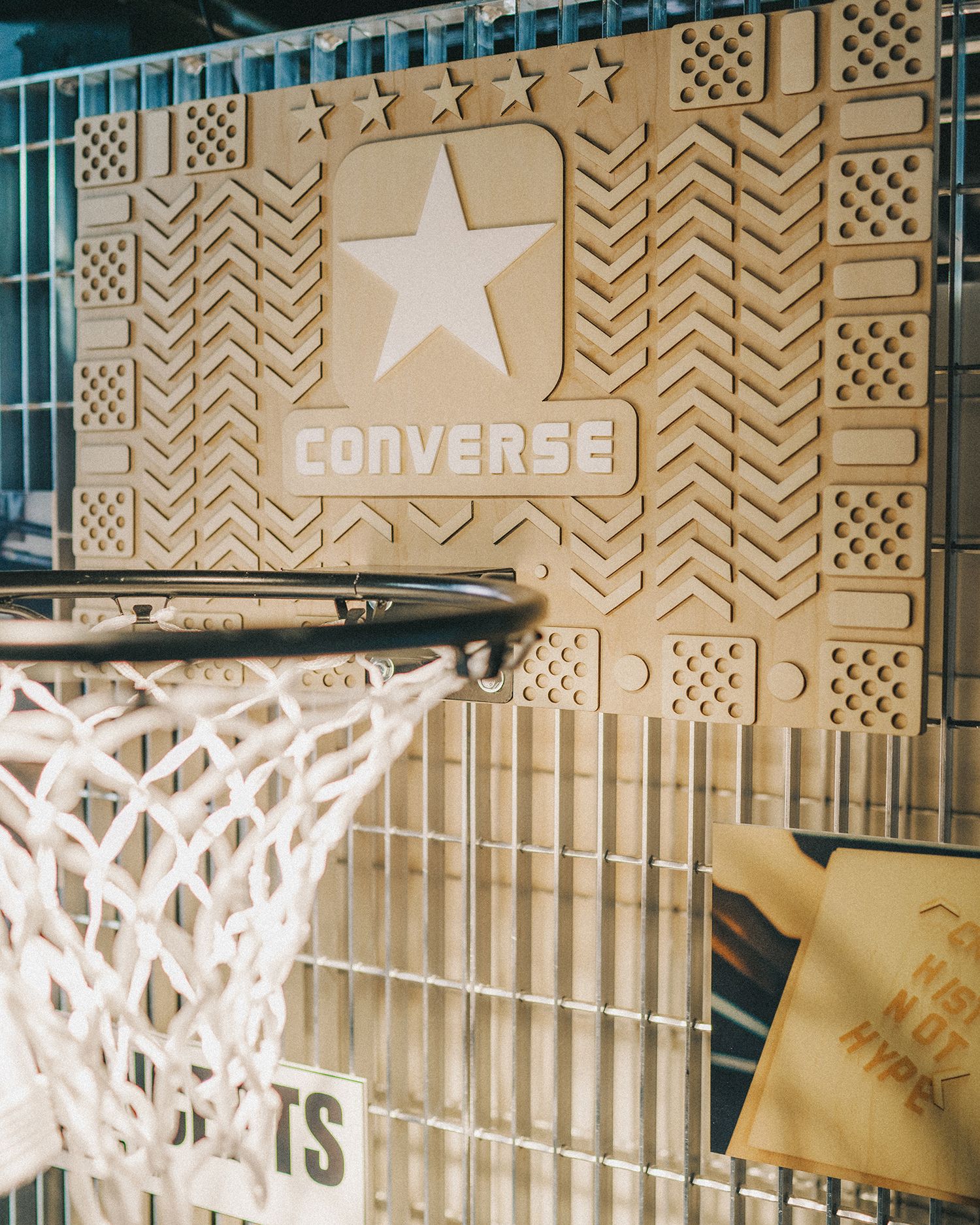 Kevin Concepts Converse backboard that is intricate geometric pattern etched into wooden backboard