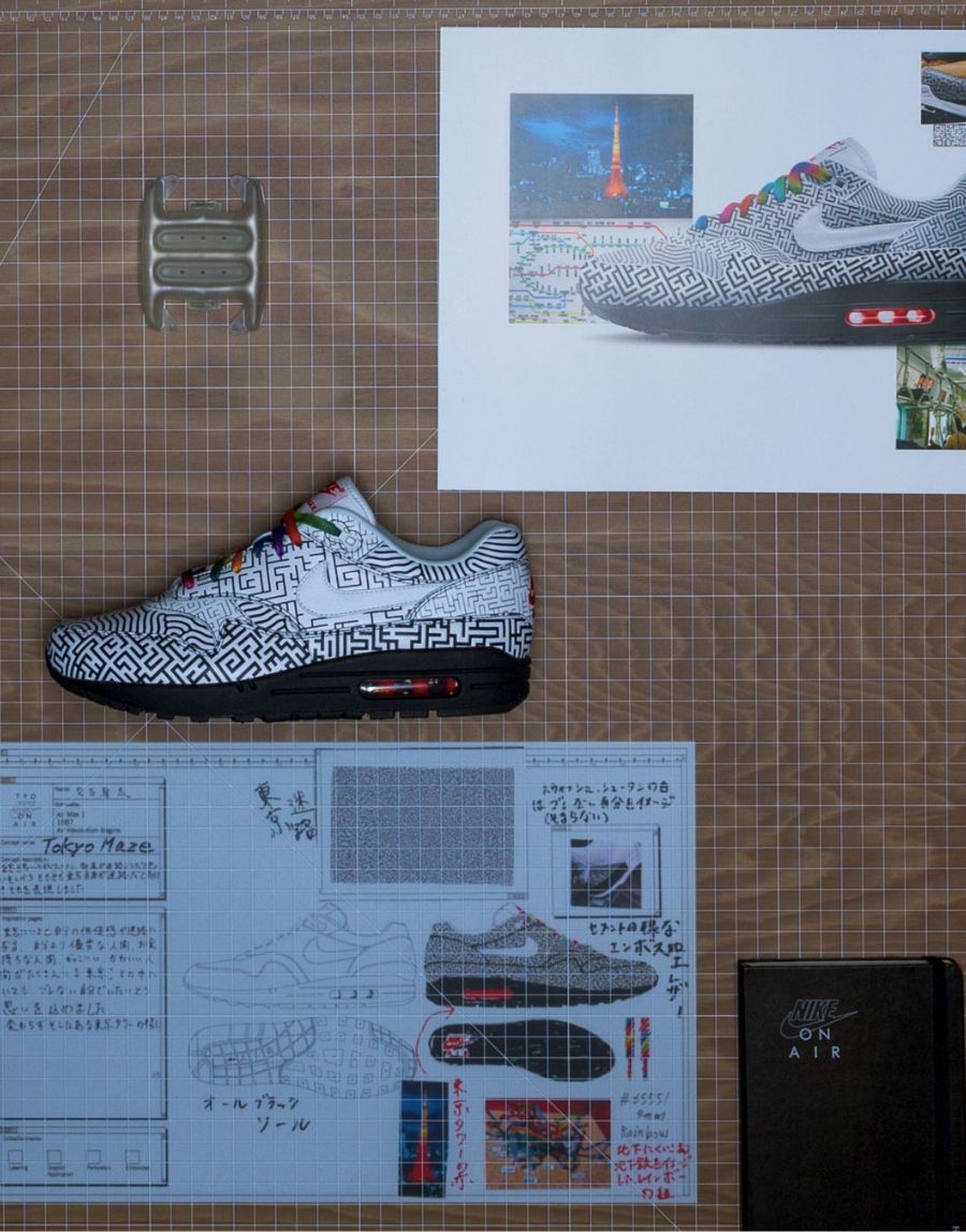 Air Max 1 Tokyo Maze design sketches and final product on table