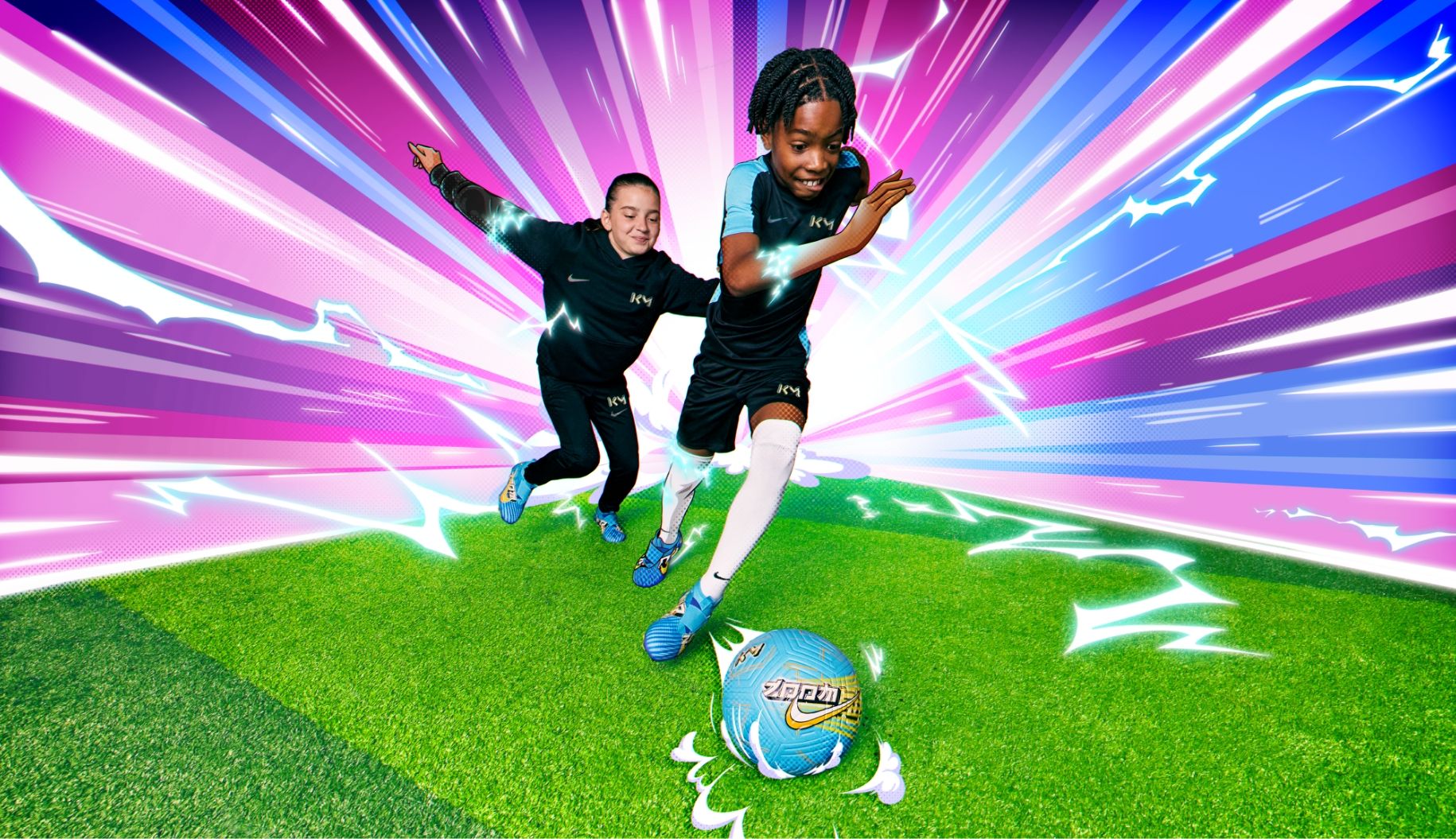 2 children play soccer. Background is illustrated speed lines and lightning