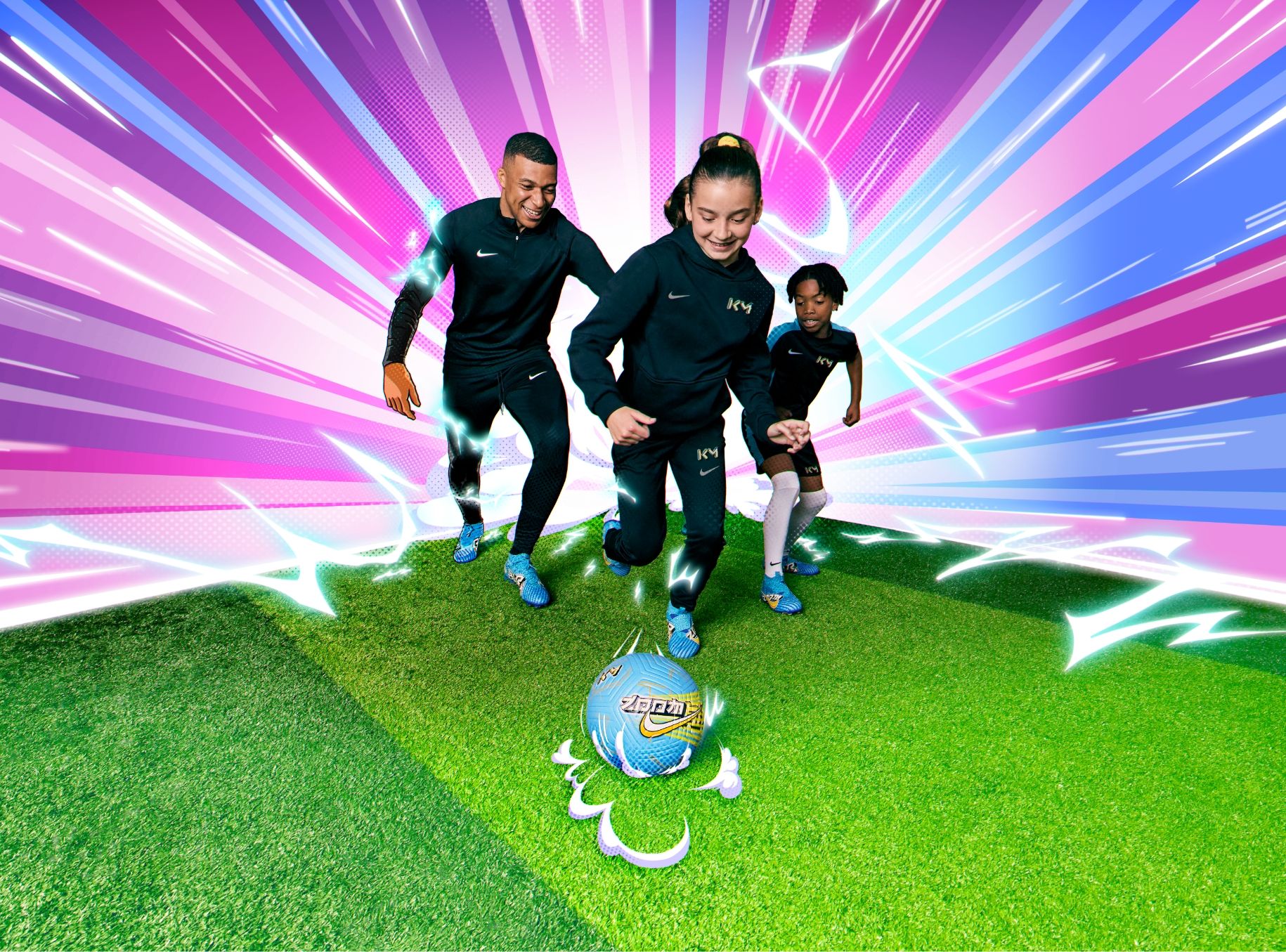 Mbappe playing soccer with two children. There is illustrated background showing speed lines and lightning.