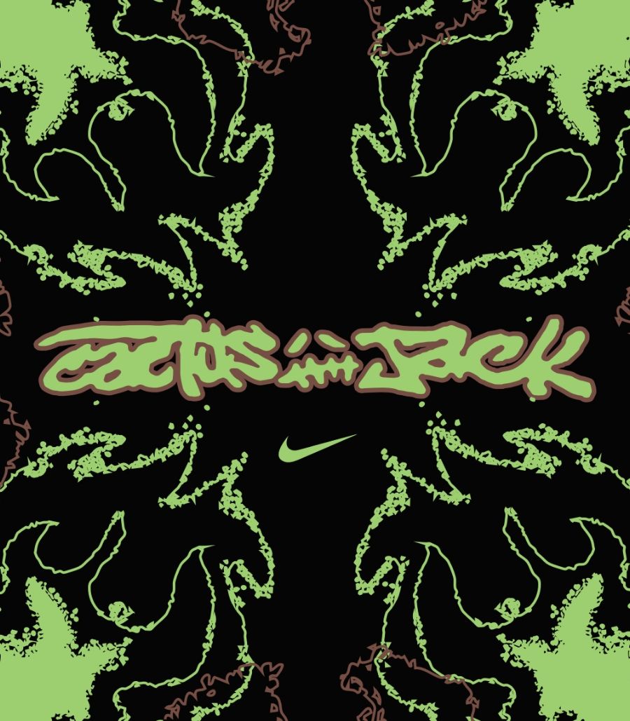 Digital graphic featuring distorted green patterns on a black background, stylized "Cactus Jack" text in the center, and a green Nike swoosh logo below.