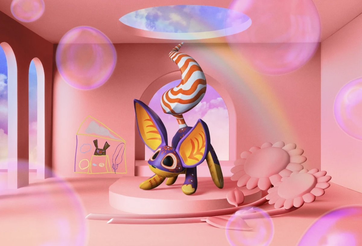 A surreal, pink room with a whimsical, colorful creature on a pedestal, oversized flowers, chalk drawings on the wall, a rainbow, and bubbles floating in the air.