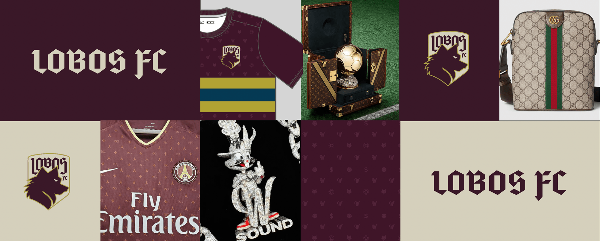 A collage with “LOBOS FC” text, a maroon soccer jersey, a wolf logo, a Ballon d’Or trophy, a designer bag, and luxury-themed patterns in maroon, cream, and gold.