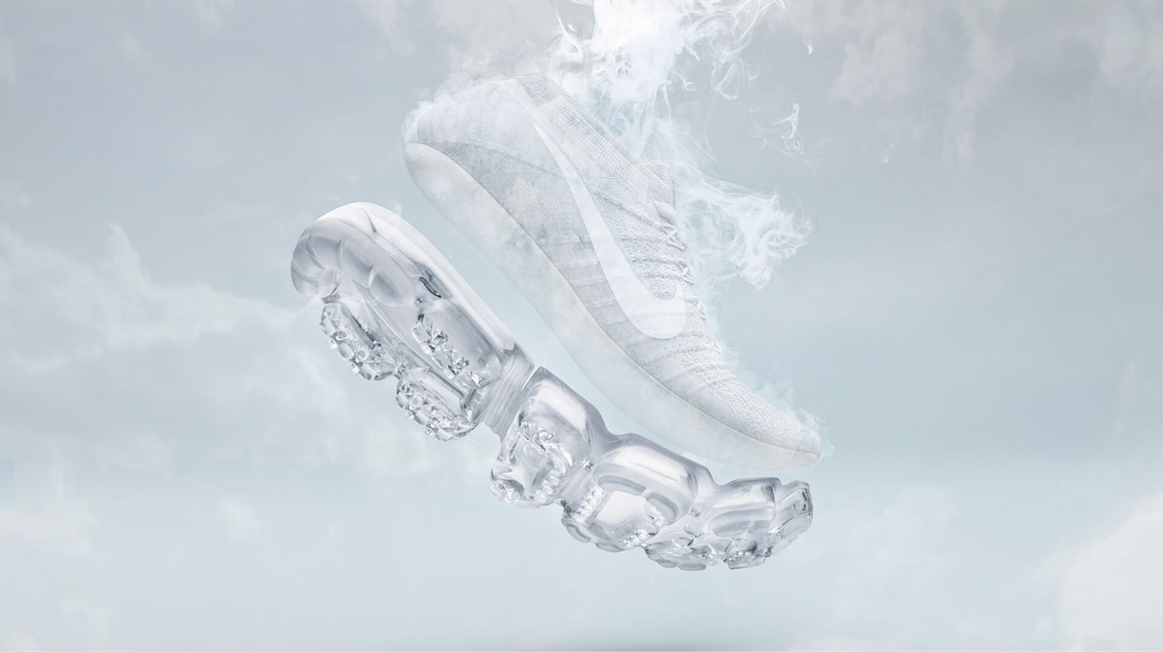 nike air running shoe render with air sole detached and vapor surrounding shoe
