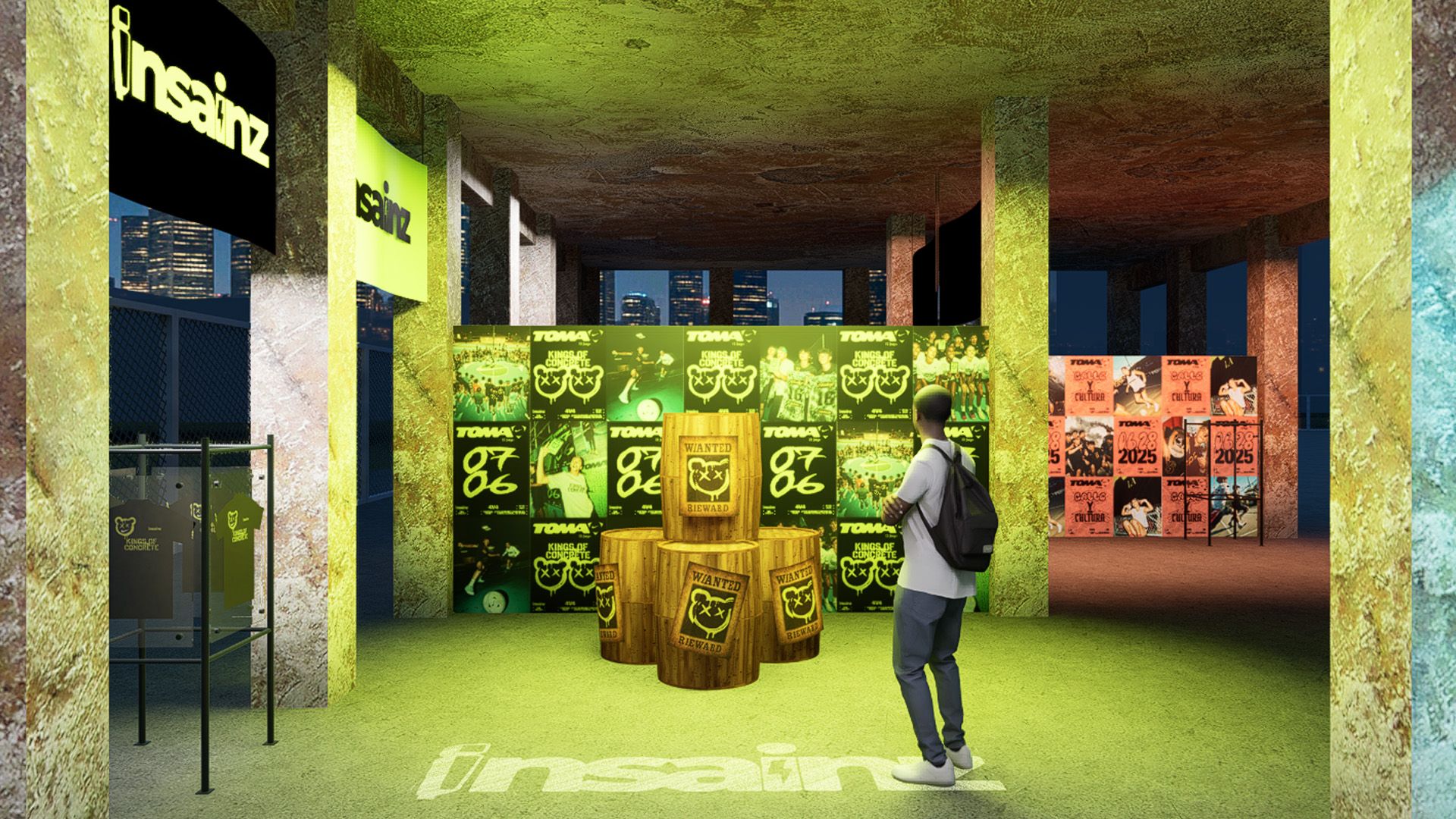 A person stands in an industrial-style room with neon signage, wooden barrels, and colorful posters displayed on the walls.