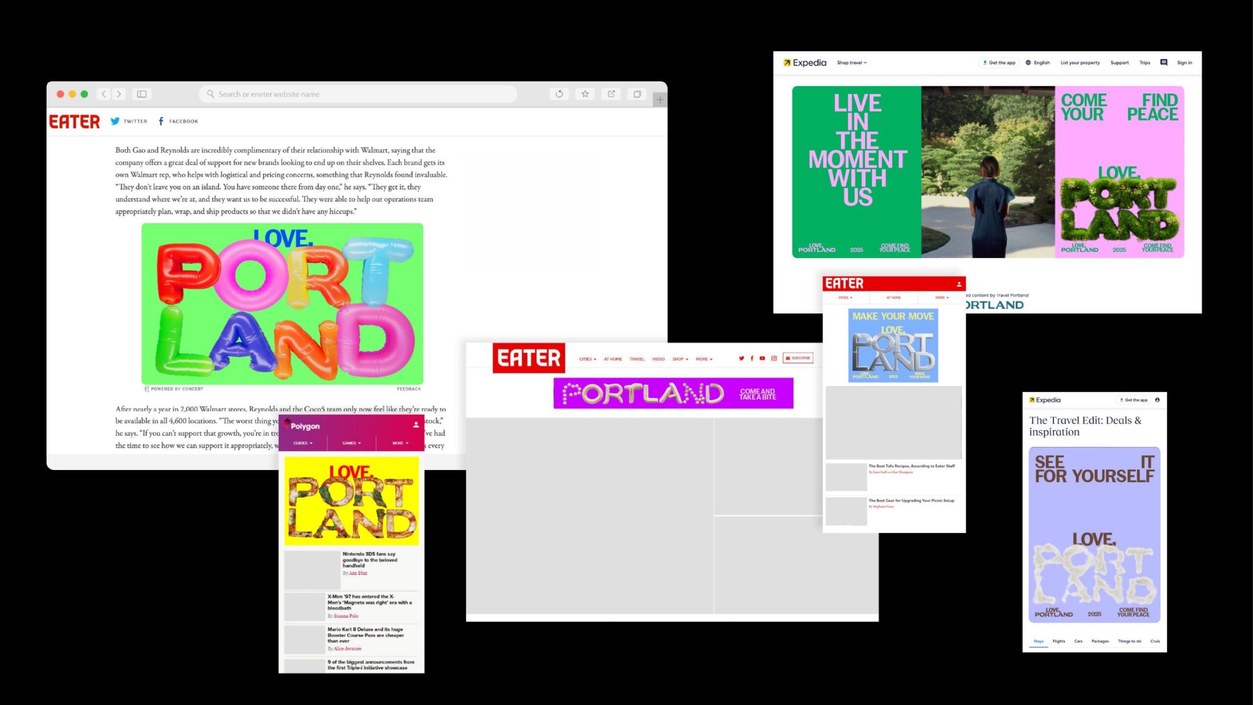 A collage showing various web pages and digital ads, all featuring the brightly colored “Love Portland” graphic in different layouts and contexts.