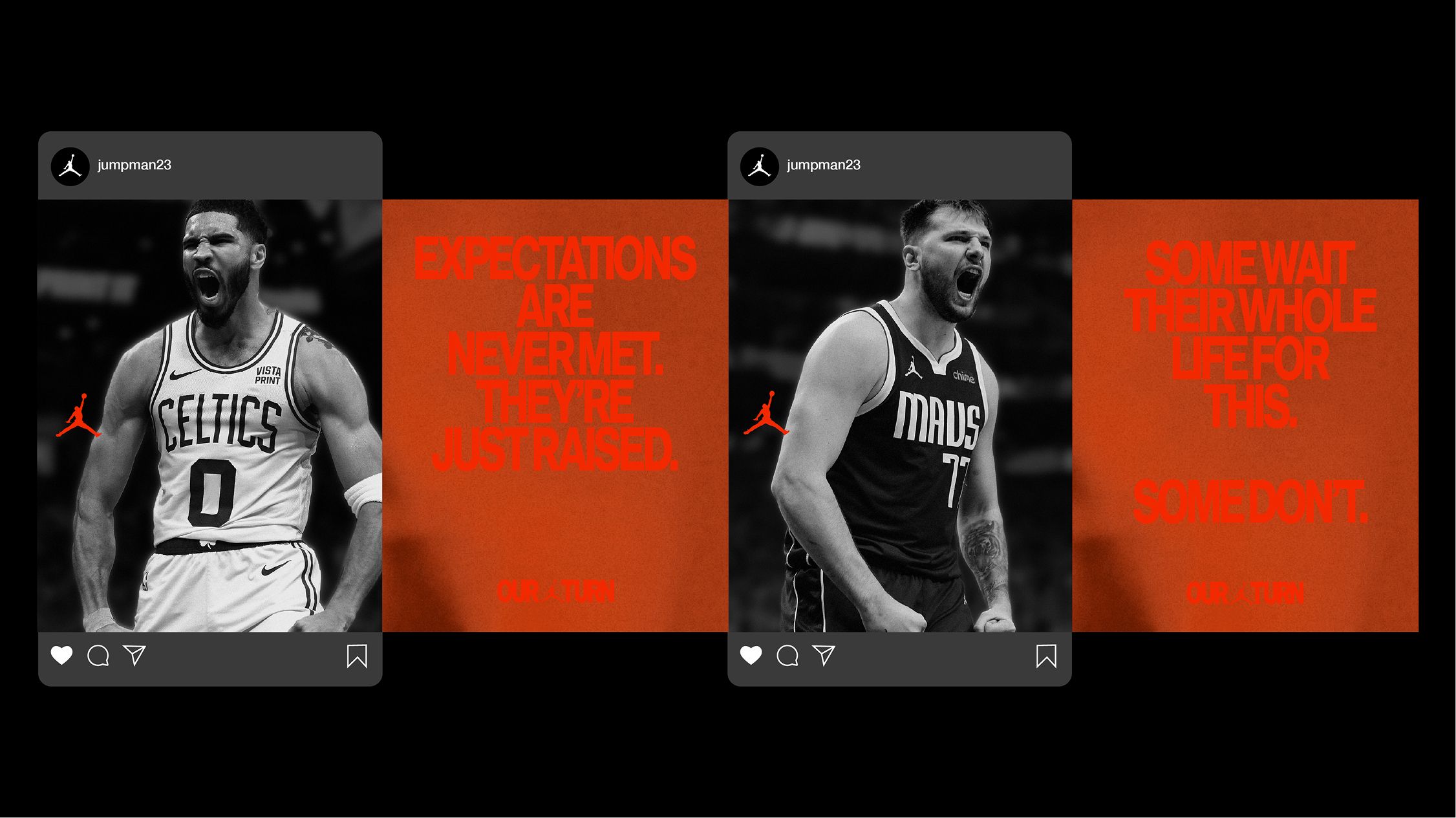 Two black-and-white images of basketball players in Celtics and Mavericks uniforms are shown with bold red motivational text overlays about expectations and ambition.