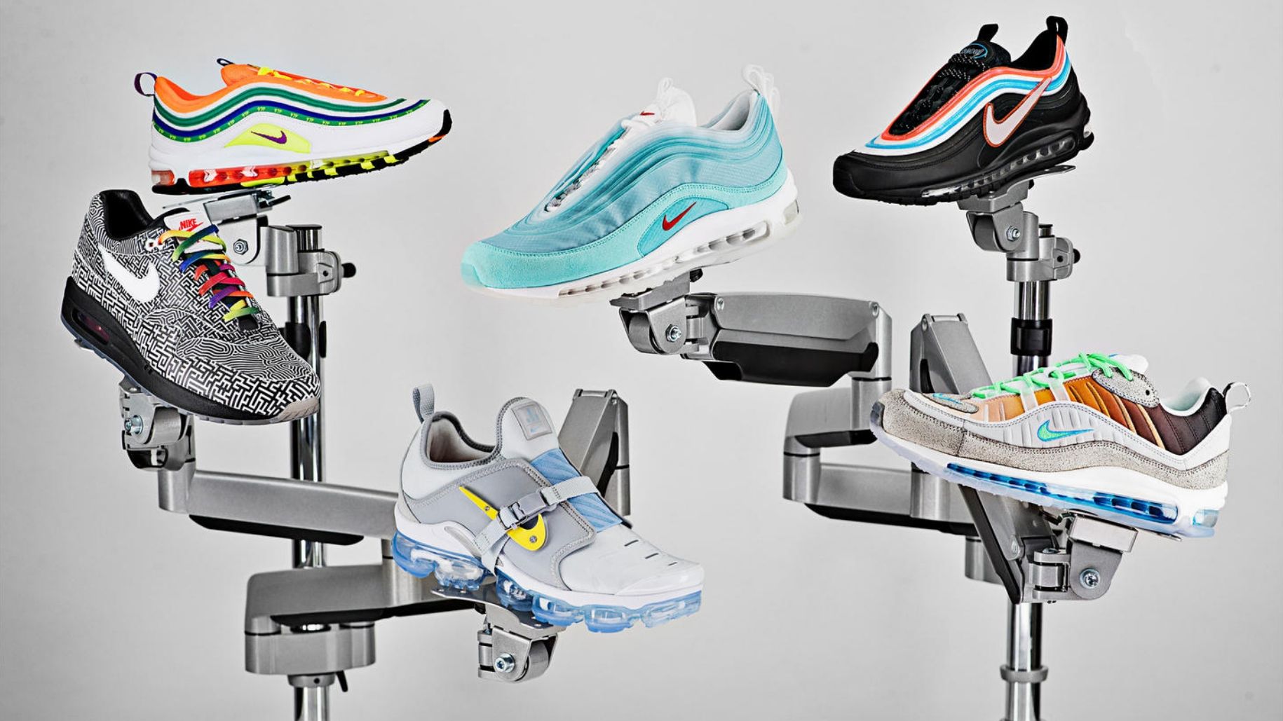 the final 6 air max shoes displayed together on metal arms