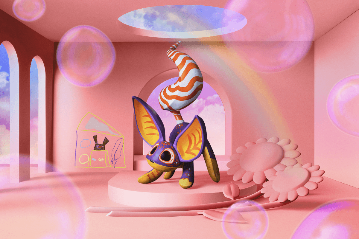 Animo creature in room with rainbows and bubbles