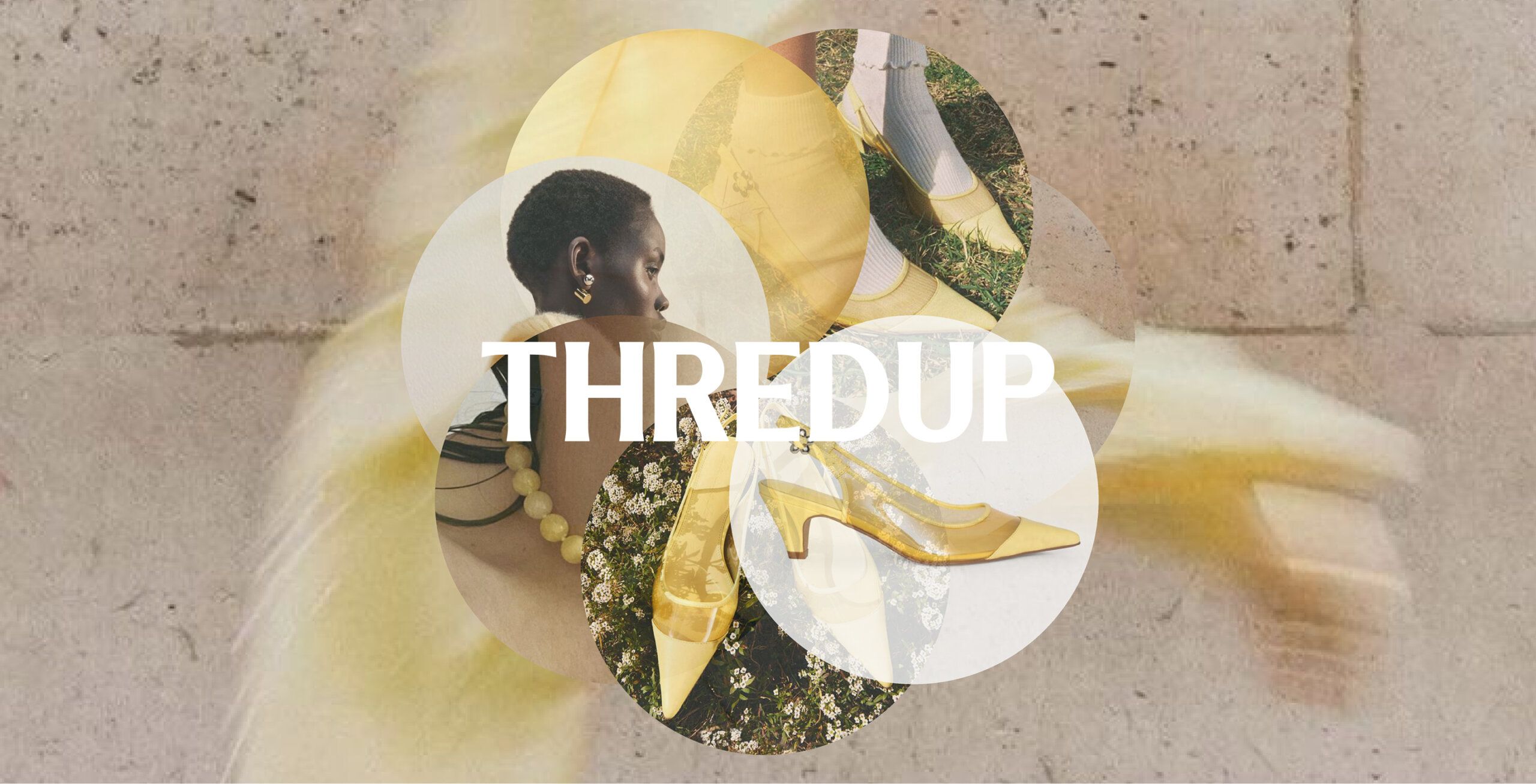 Collage of yellow and gold fashion items, including shoes and accessories, with the word “THREDUP” in bold white text overlaid in the center.