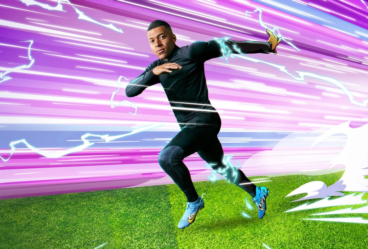 A soccer player in a black athletic outfit and blue cleats sprints on grass, with dynamic, stylized motion lines and electric effects in a digital, colorful background.