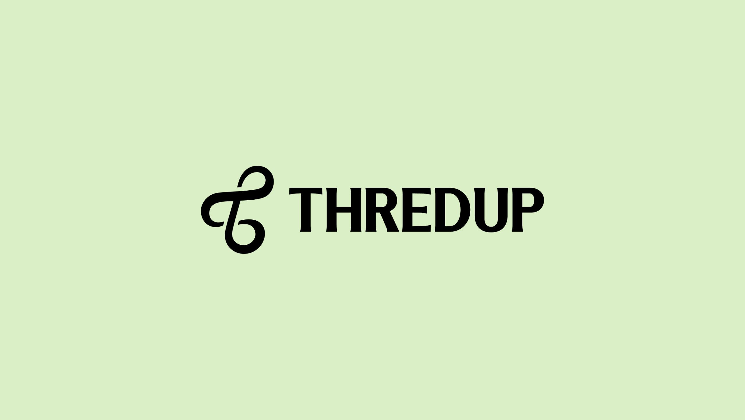 The ThredUp logo in black text with a stylized "T" symbol on a light green background.
