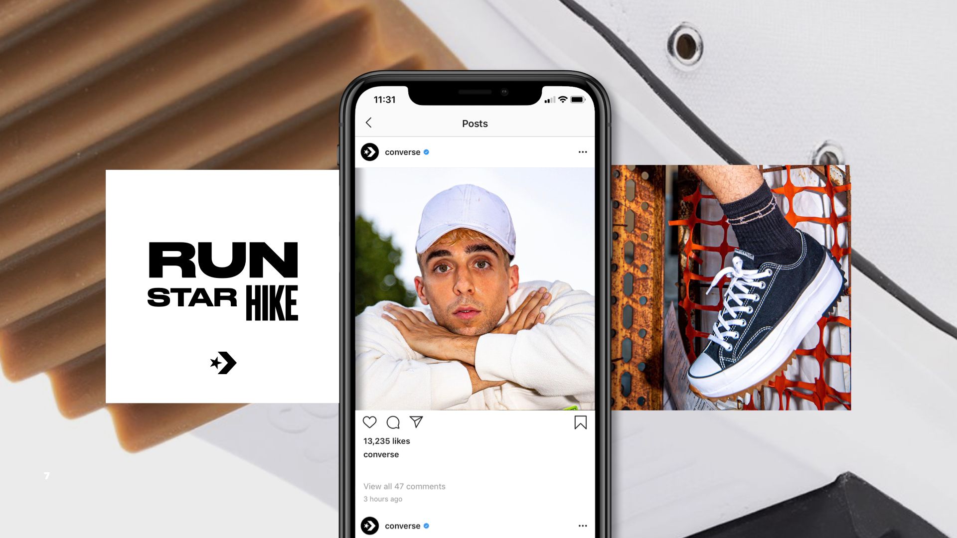 Background is image of sole of new All Star sneaker. 3 images in foreground. First reads Run Star Hike. Second is social media instagram post of man with crossed arms in white sweatshirt and white hat. Third is close up of low top All Star sneaker
