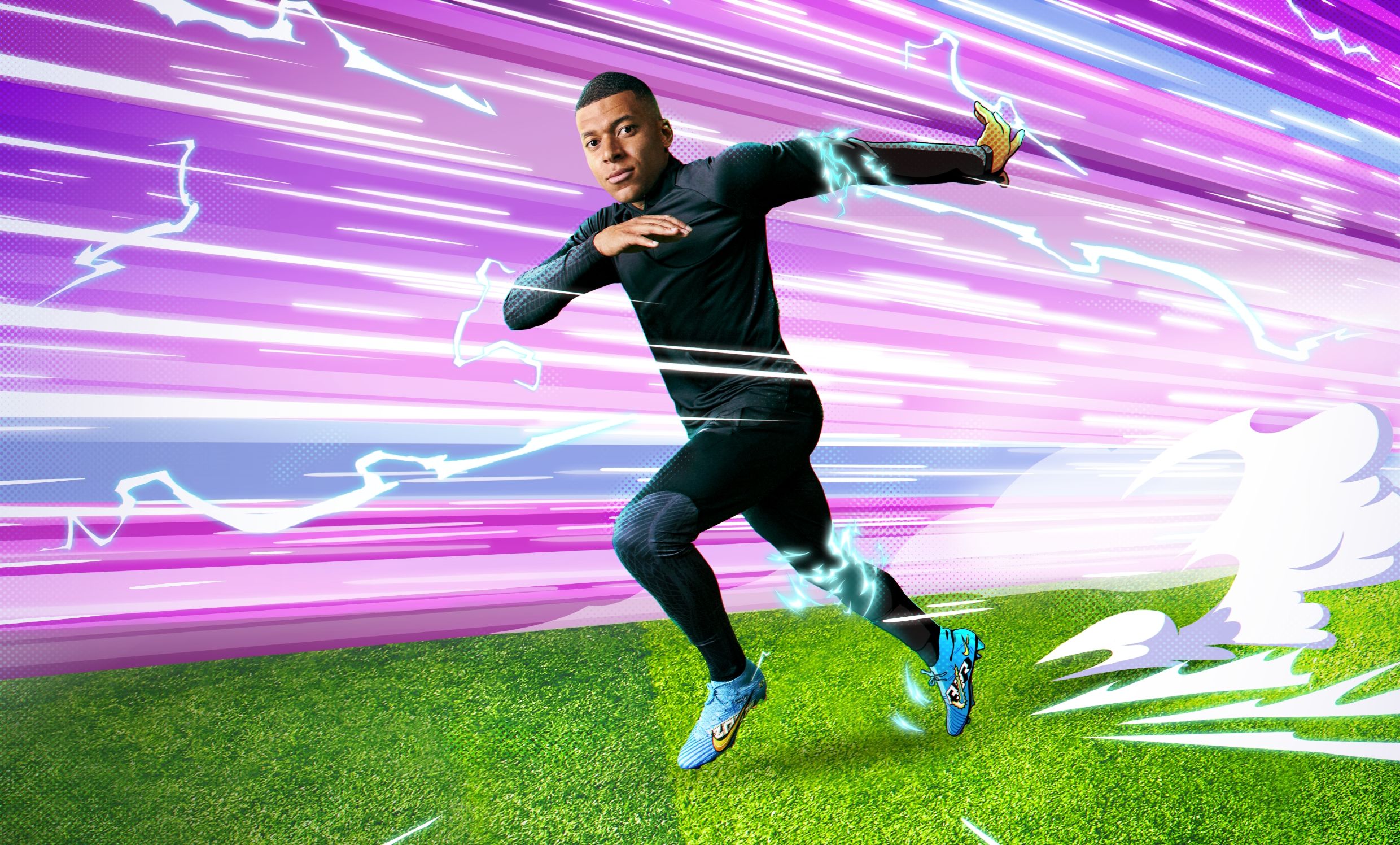 Kylian Mbappe running with cartoon electric speed lines and green turf