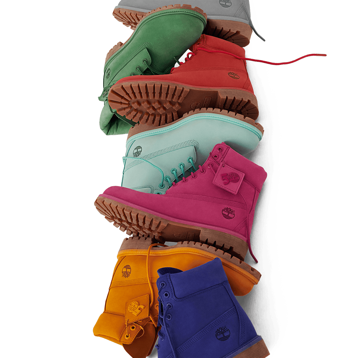 A group of colorful boots stacked on top of each other.