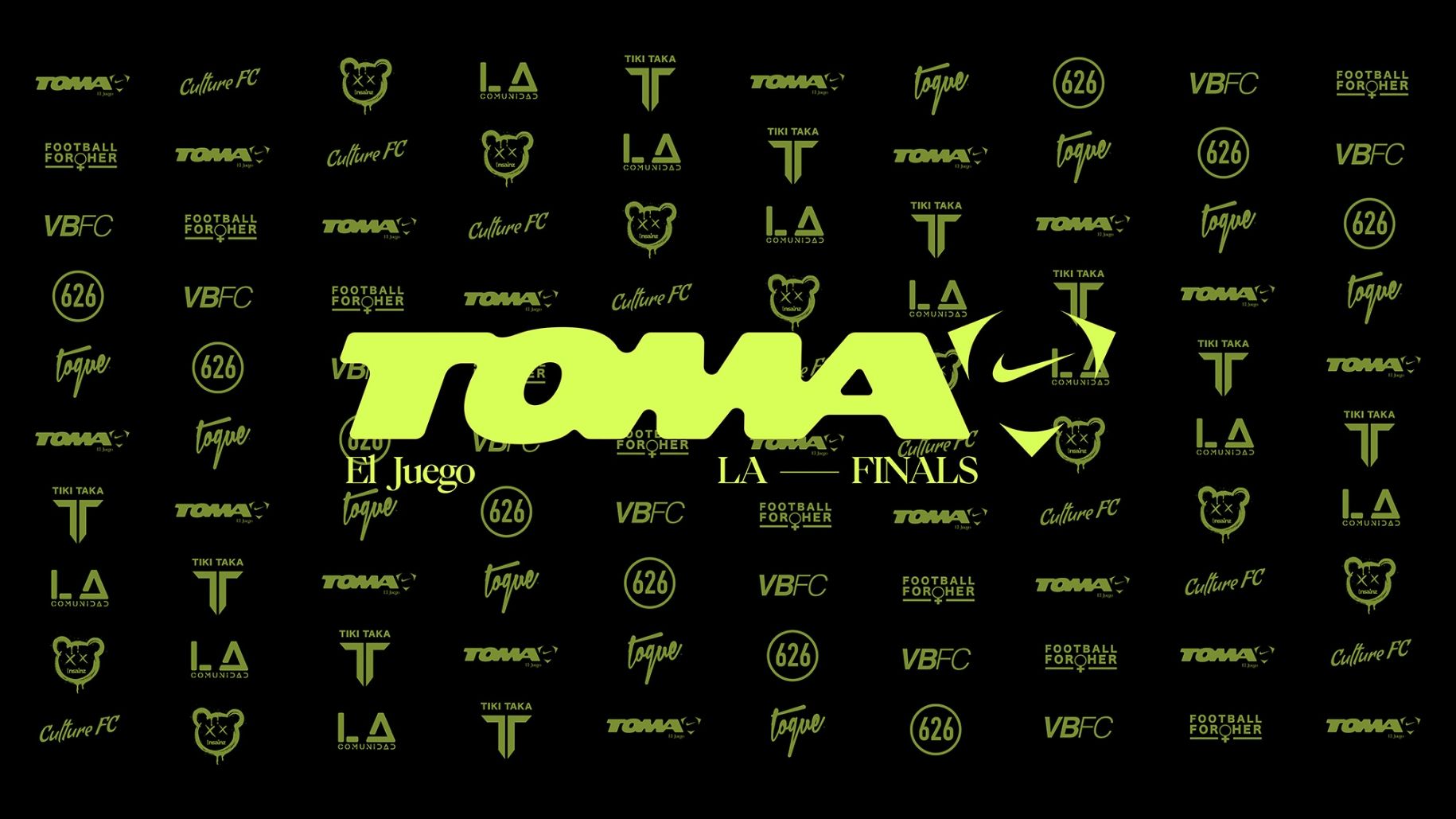 Pattern of neon yellow sports-related logos and text, including "TOMA," "El Juego," "FINALS," a bear face, and "Nike," on a black background.