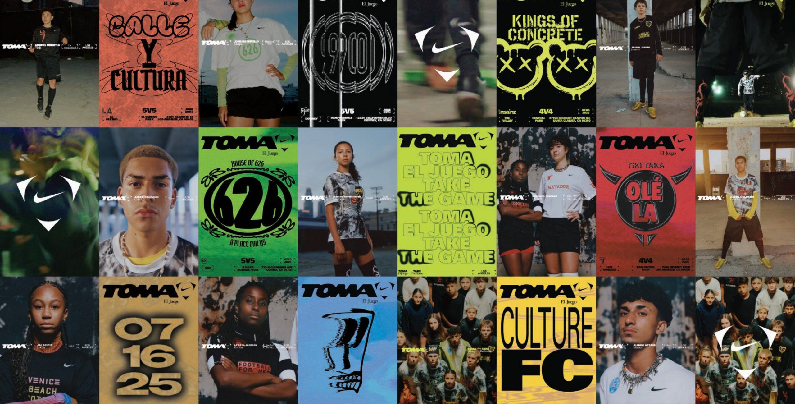 A collage of posters and photos featuring diverse young people in sportswear, branded graphics, and text related to soccer culture and events.